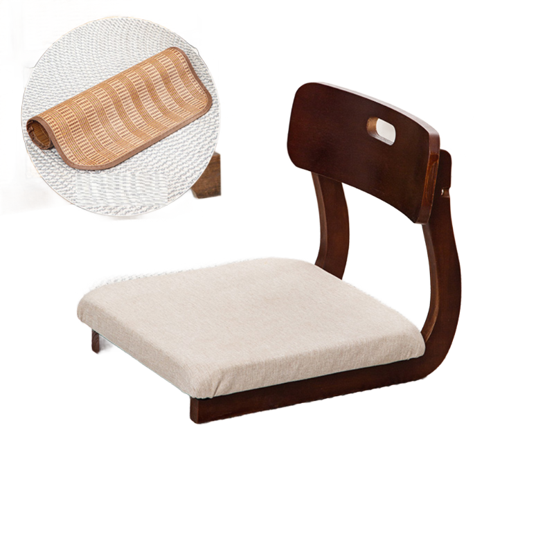 Walnut color with gray linen seat cushion