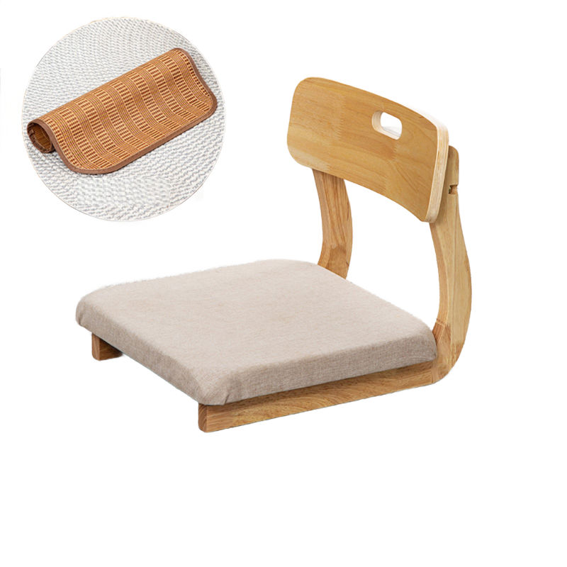 Wood color with gray cotton and linen seat cushion