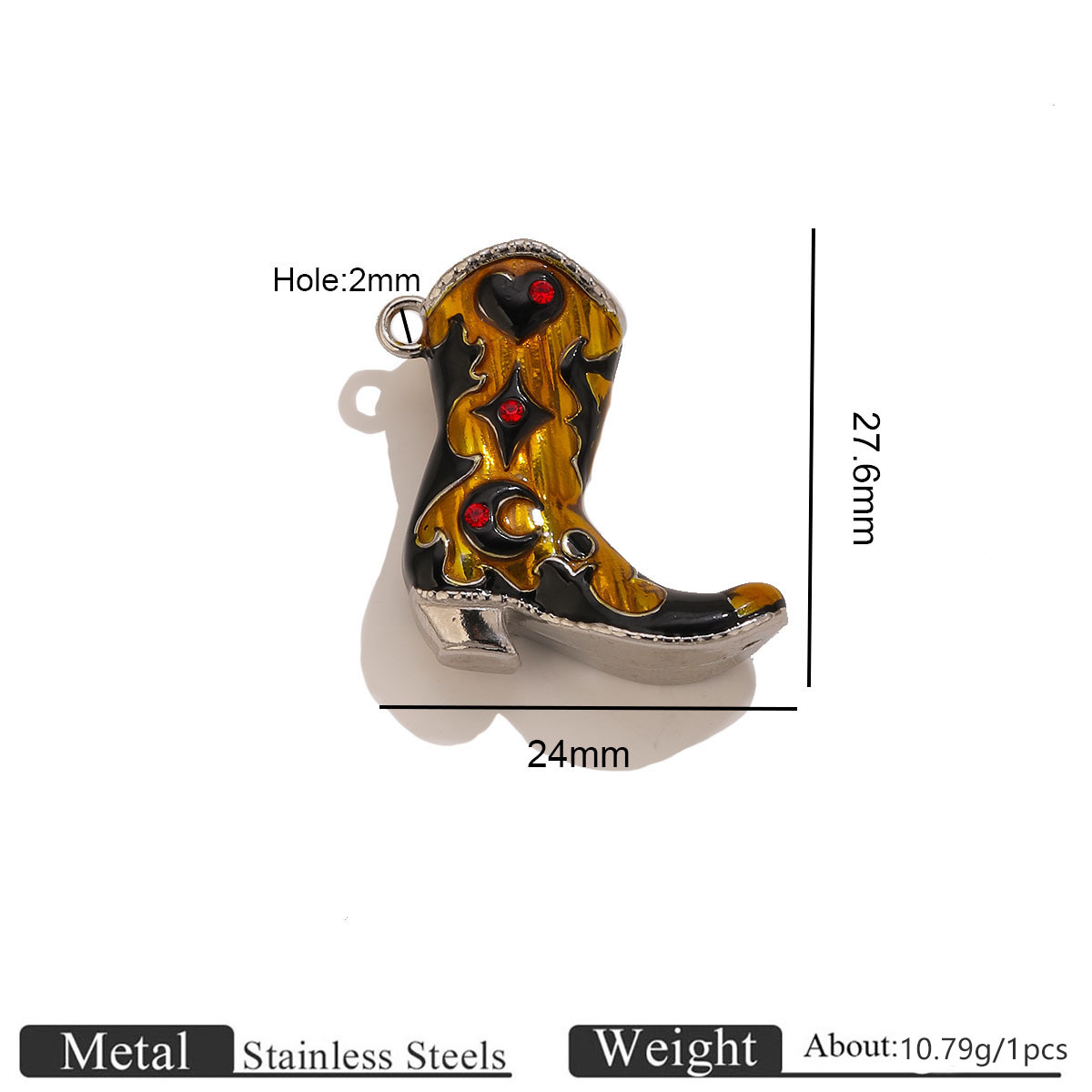 2:Yellow enamel red diamond boot charm - steel color