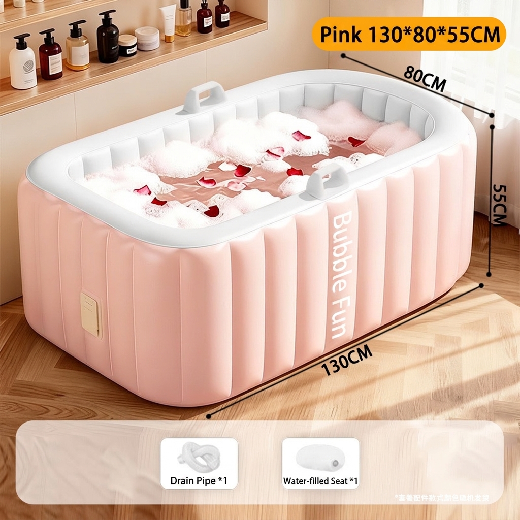 Pink rectangular inflatable bathtub comes standard with space   straight long legs