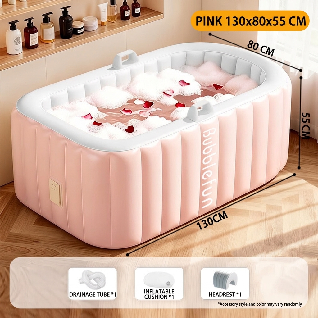 Pink rectangular inflatable bathtub comes standard   headrest