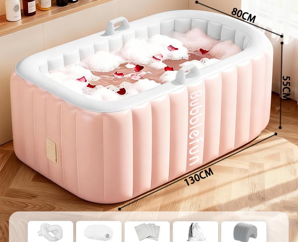 Pink rectangular inflatable bathtub comes standard   headrest   bath bag*5   storage bag