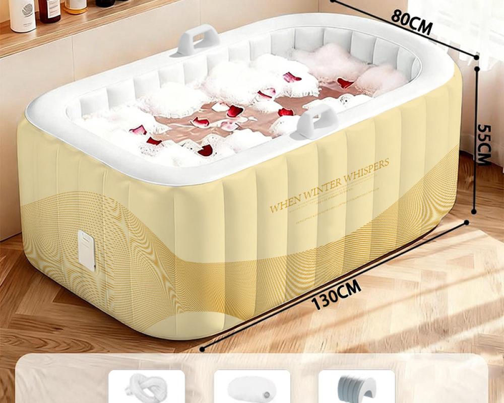 Yellow rectangular inflatable bathtub comes standard   headrest