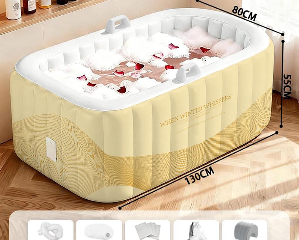 Yellow rectangular inflatable bathtub comes standard with   headrest   bath bag*5   storage bag