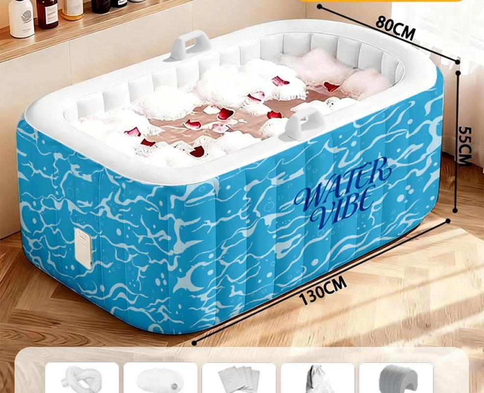 Blue rectangular inflatable bathtub comes standard with   headrest   bath bag*5   storage bag