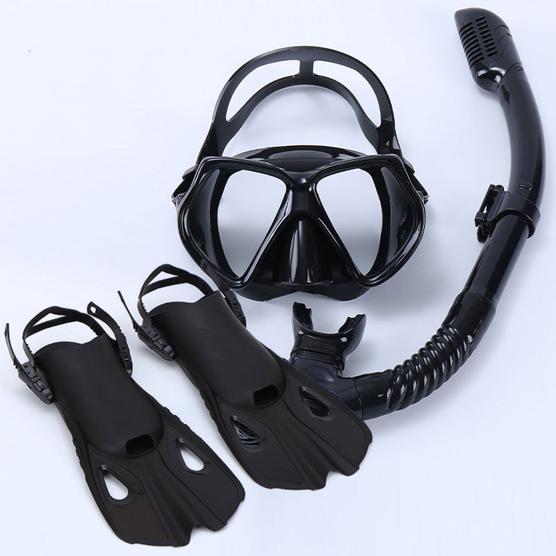 Black frame black strap goggles 2011   black snorkel   black fins
