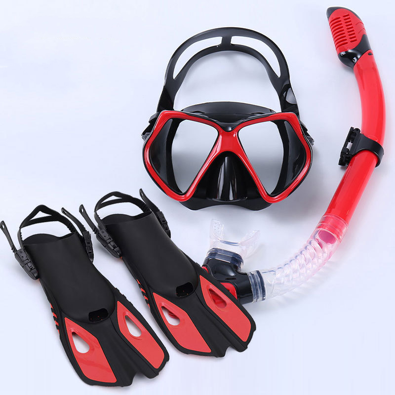 Red frame black strap goggles 2011   red snorkel   red fins