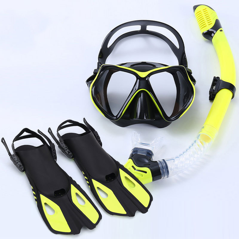 Yellow frame black strap goggles 2011   yellow snorkel   yellow fins (customized)