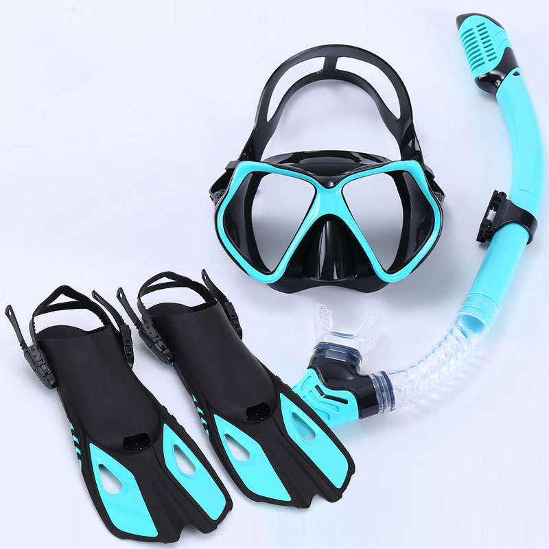 Blue frame black strap goggles 2011   blue snorkel   blue fins