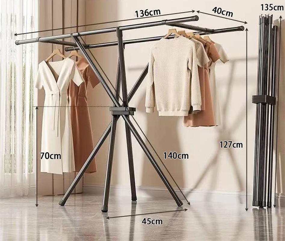 Black folding clothes hanger   2 horizontal bars