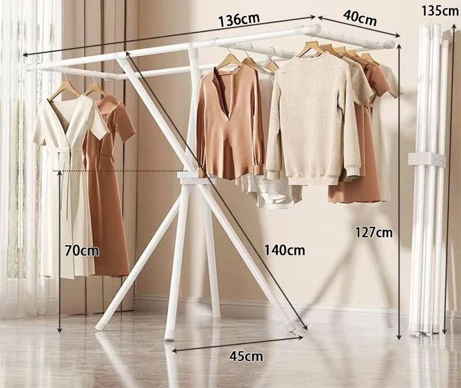 White folding clothes hanger   3 horizontal bars