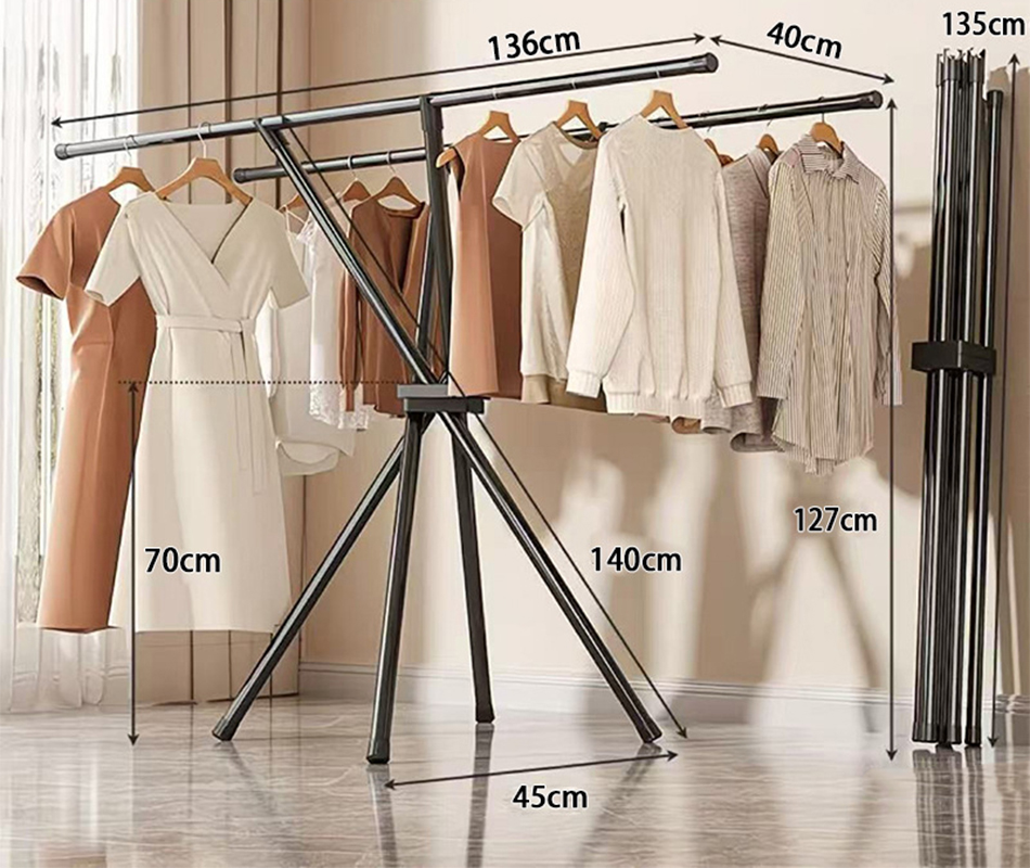 Black folding clothes hanger   3 horizontal bars