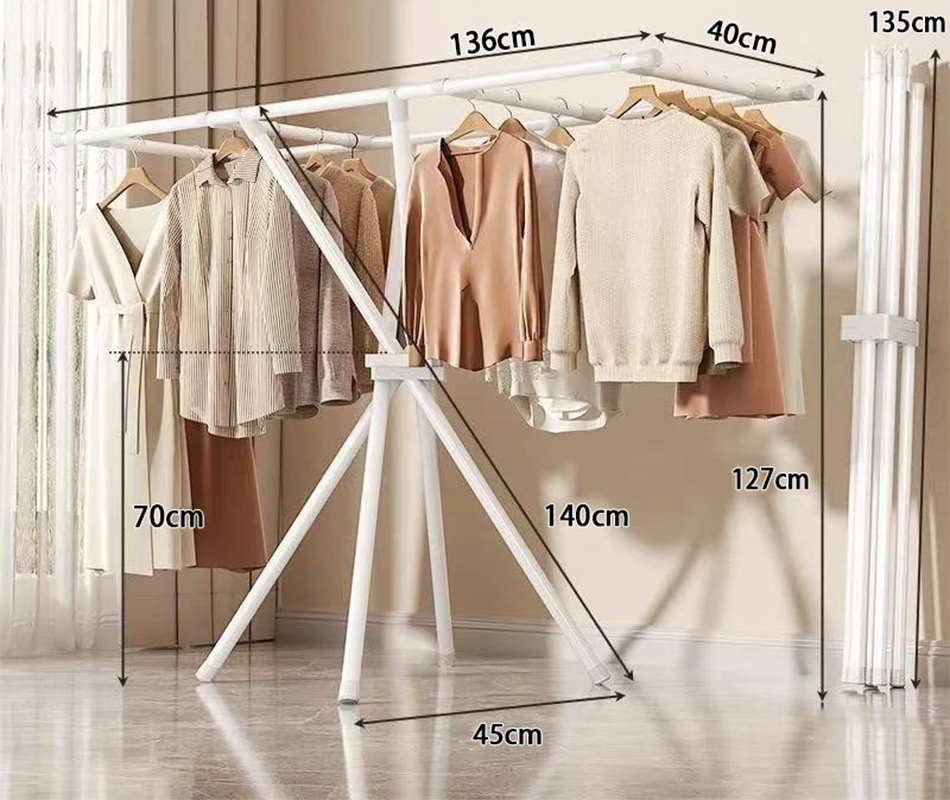 White folding clothes hanger   4 horizontal bars
