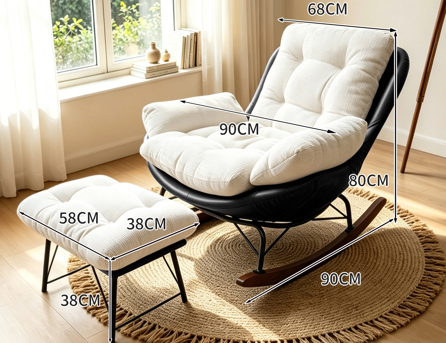 Single chair   footrest [off-white - skin-friendly chenille]   black cat scratch leather base
