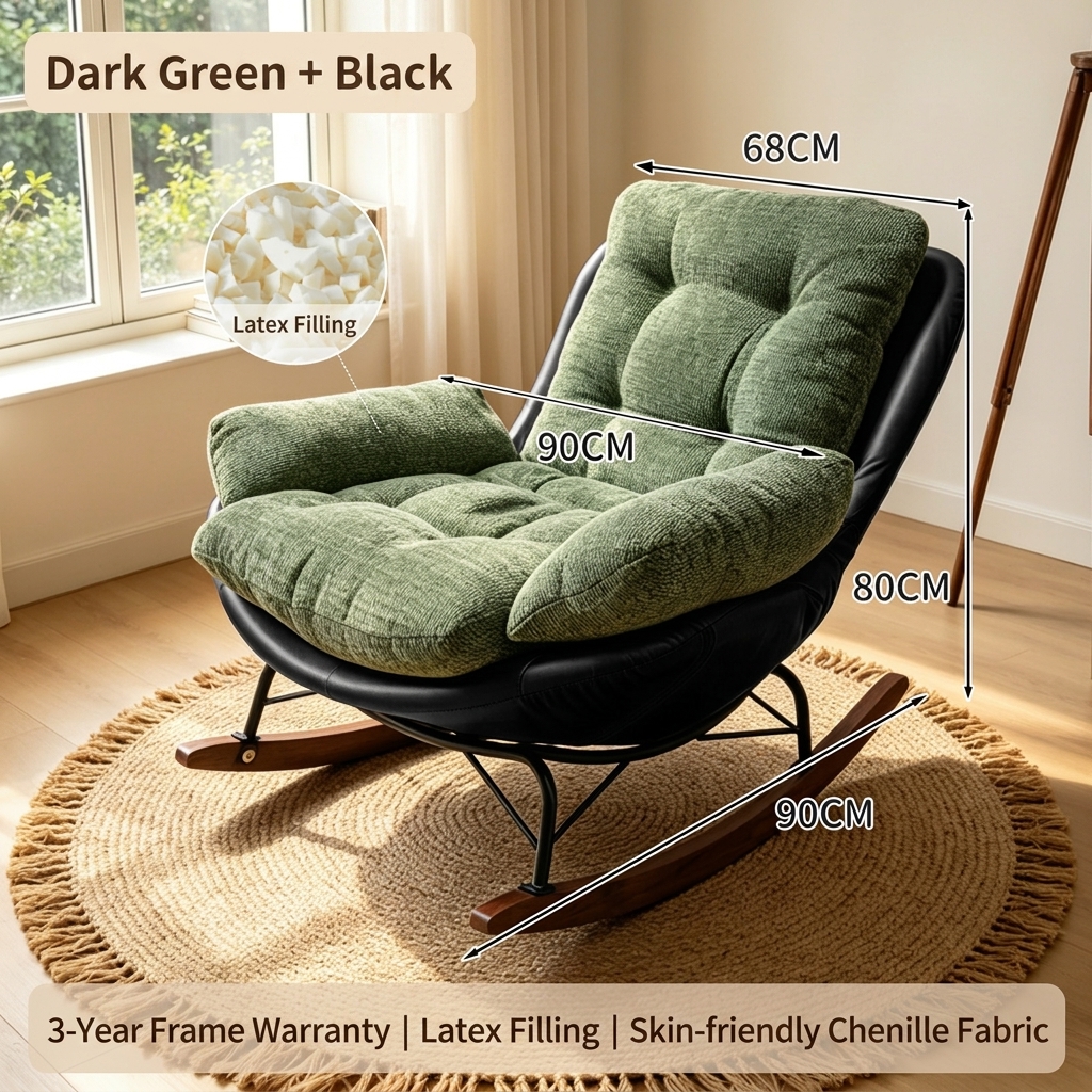 Flying pigeon rocking chair [black leather   dark green chenille] (latex particles)