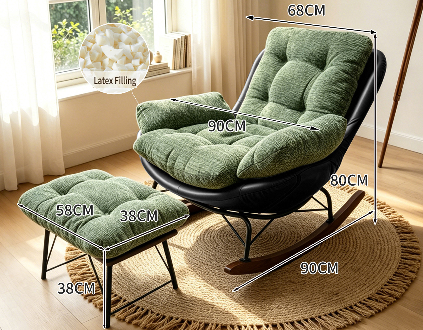 Flying pigeon rocking chair [black leather   dark green chenille]   foot pedal (latex particles)