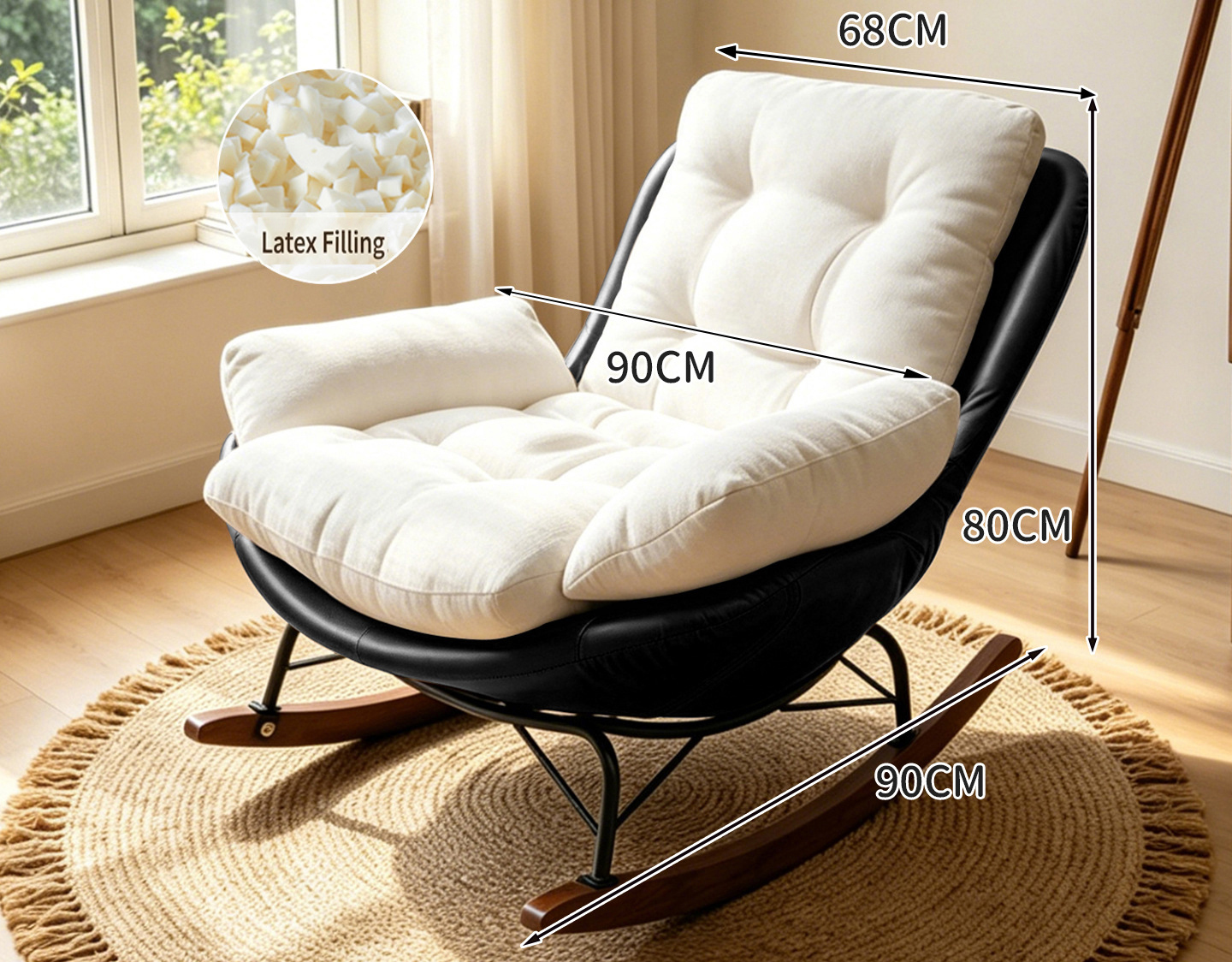 Flying pigeon rocking chair [black leather   creamy white chenille] (latex particles)