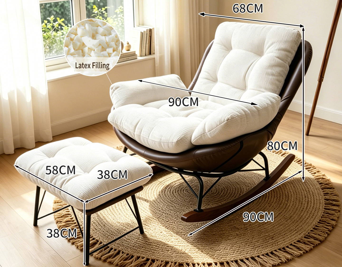 Flying pigeon rocking chair [coffee leather   creamy white chenille] (latex granules)