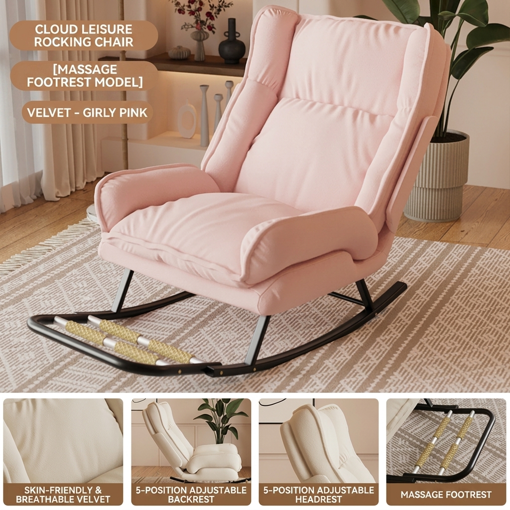 Massage model - fairy pink [soft waxy velvet] removable and washable - backrest and headrest 10-position adjustment