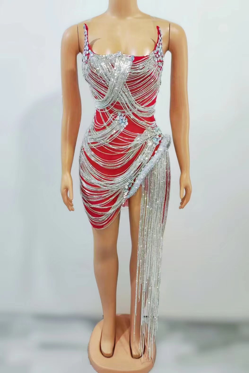 Red bottom silver chain skirt