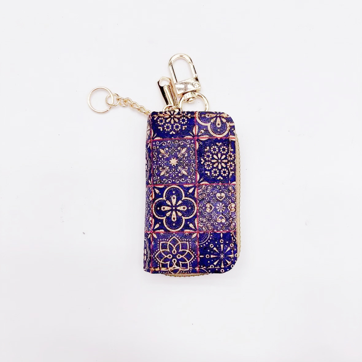 Car keychain pouch - red stitching, blue checkered pattern