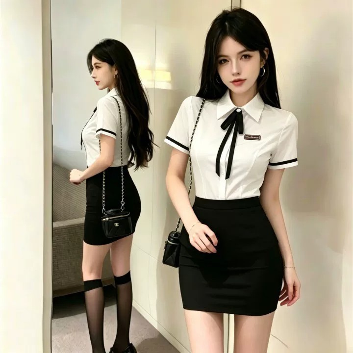 Shirt tie   black hip skirt