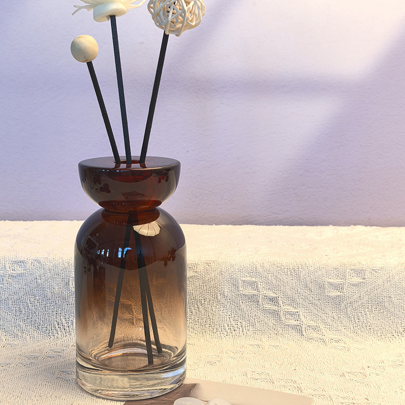 200ml round shoulder gradient brown empty bottle with brown resin cover; with 5 diffuser fiber sticks