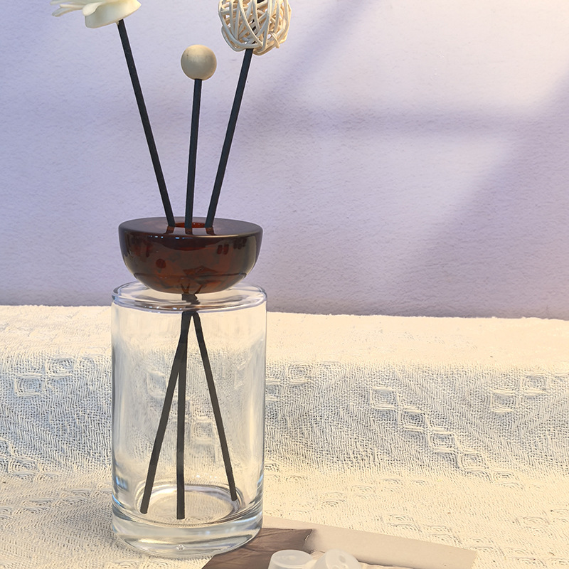 200ml long cylindrical transparent empty bottle with brown resin cover; with 5 diffuser fiber sticks