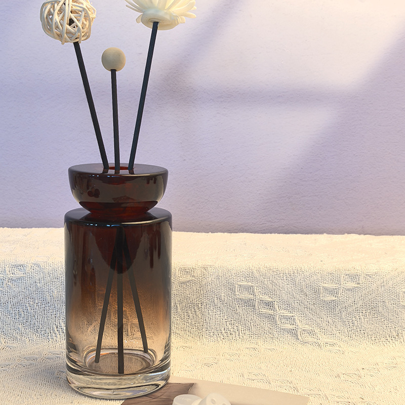 200ml long cylindrical gradient brown empty bottle with brown resin cover; with 5 diffuser fiber sticks