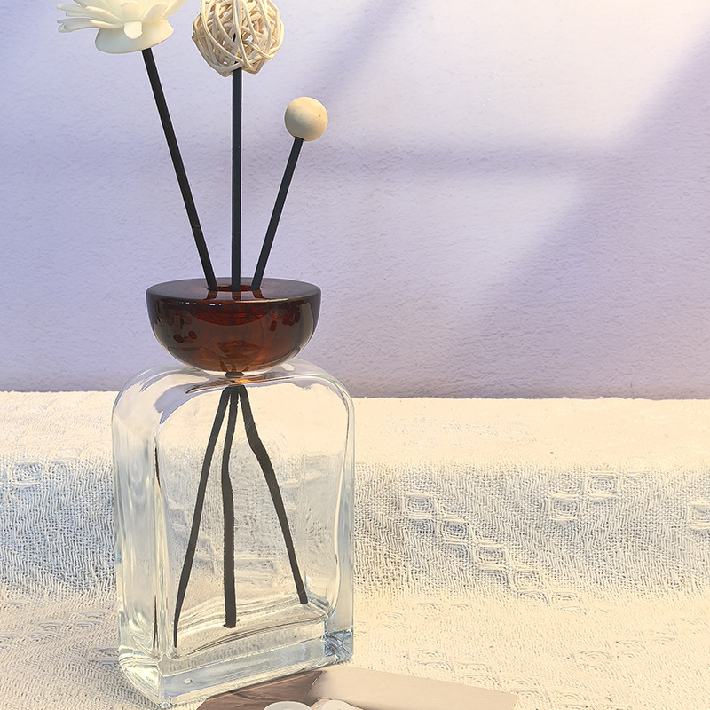 200ml flat square transparent empty bottle with brown resin cover; with 5 diffuser fiber sticks