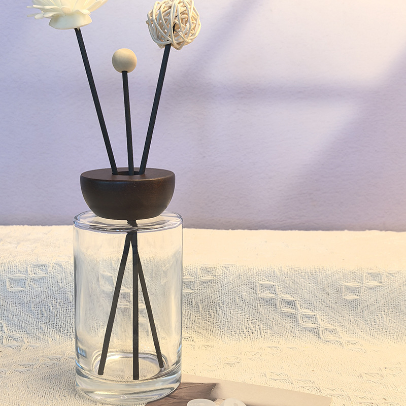 200ml long cylindrical transparent empty bottle with brown beech cover; with 5 diffuser fiber sticks