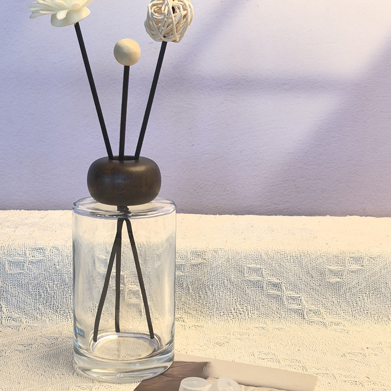 200ml long cylindrical transparent empty bottle with beaded beech wood cover; with 5 diffuser fiber sticks