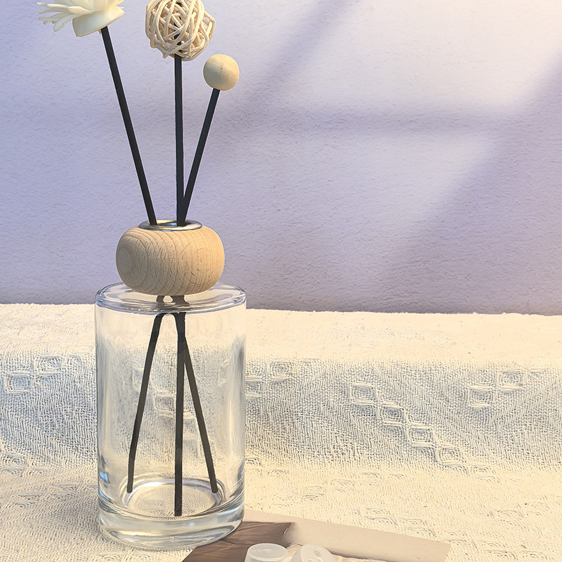 200ml long cylindrical transparent empty bottle with solid beech cover; with 5 diffuser fiber sticks