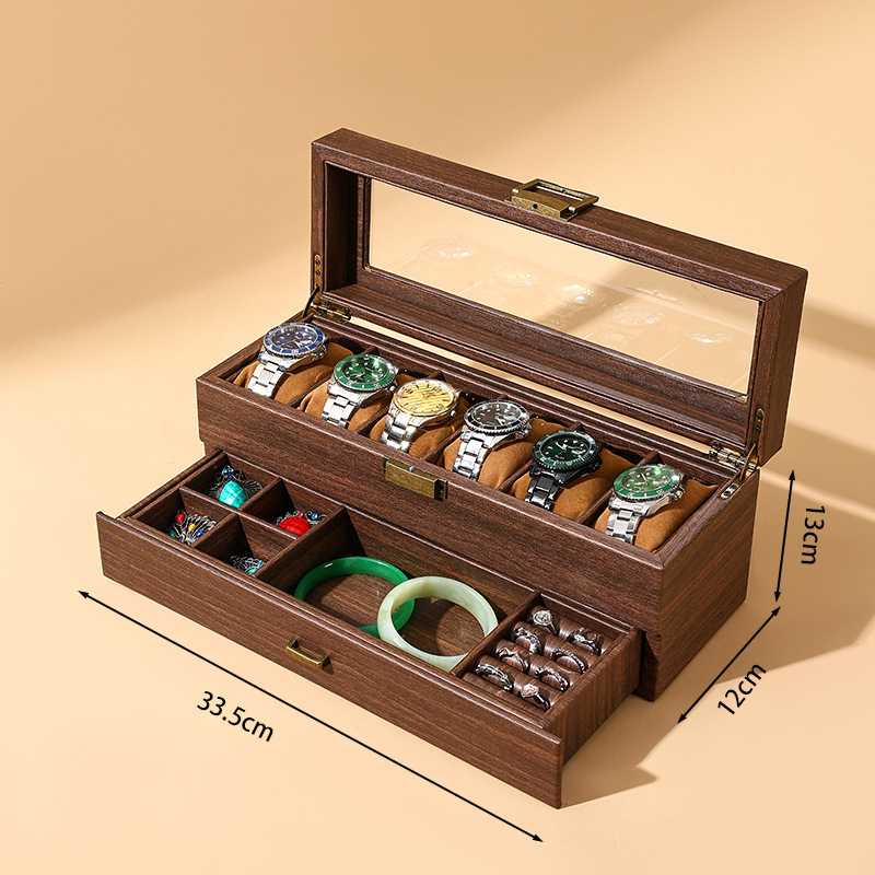 Wood grain leather double layer 6-position watch jewelry box