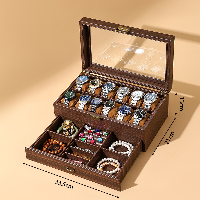 Wood grain leather double layer 12-position watch jewelry box