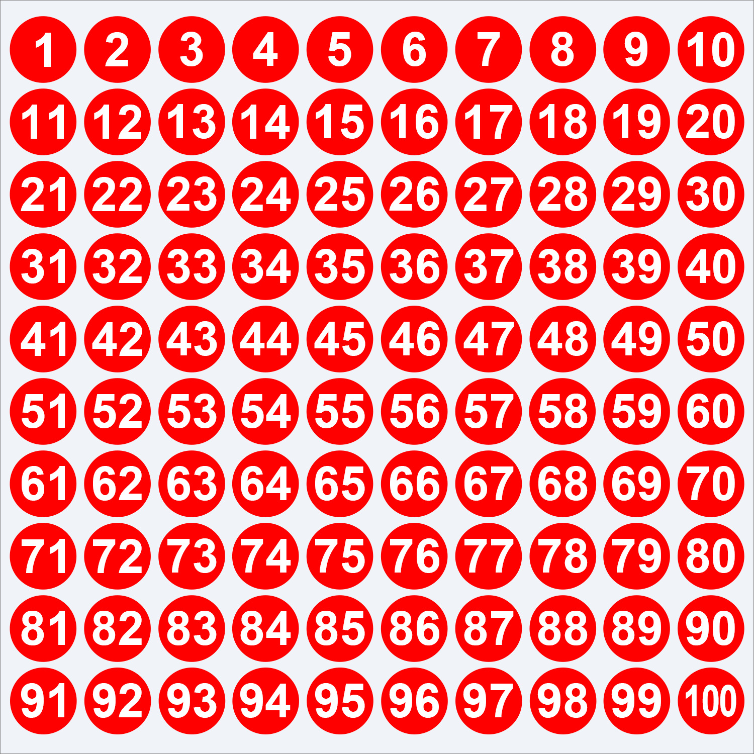 1-100 numbers red;1cm/0.39inch