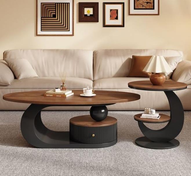 Black base   double-ended round walnut tabletop 120 coffee table   50 double-layer side table