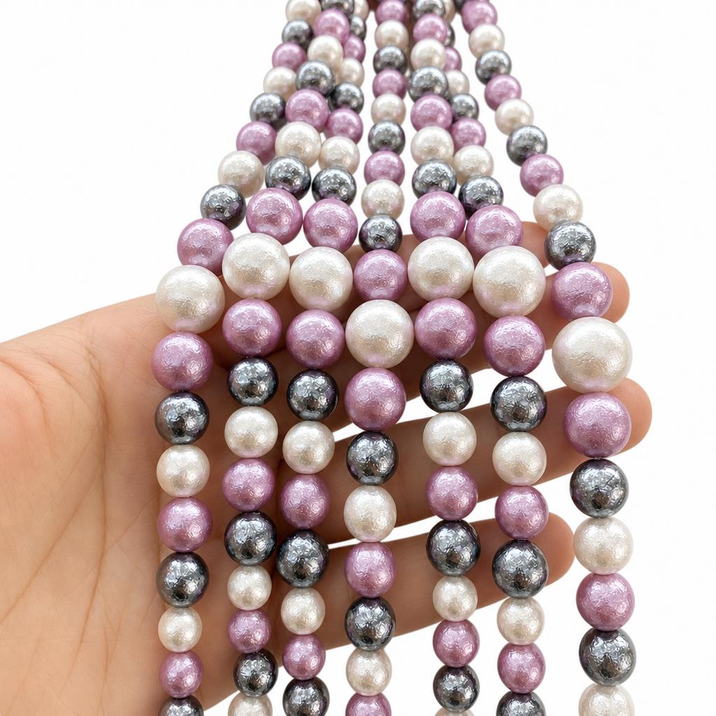 10:Purple and white wrinkled leather mixed color shell bead tower chain