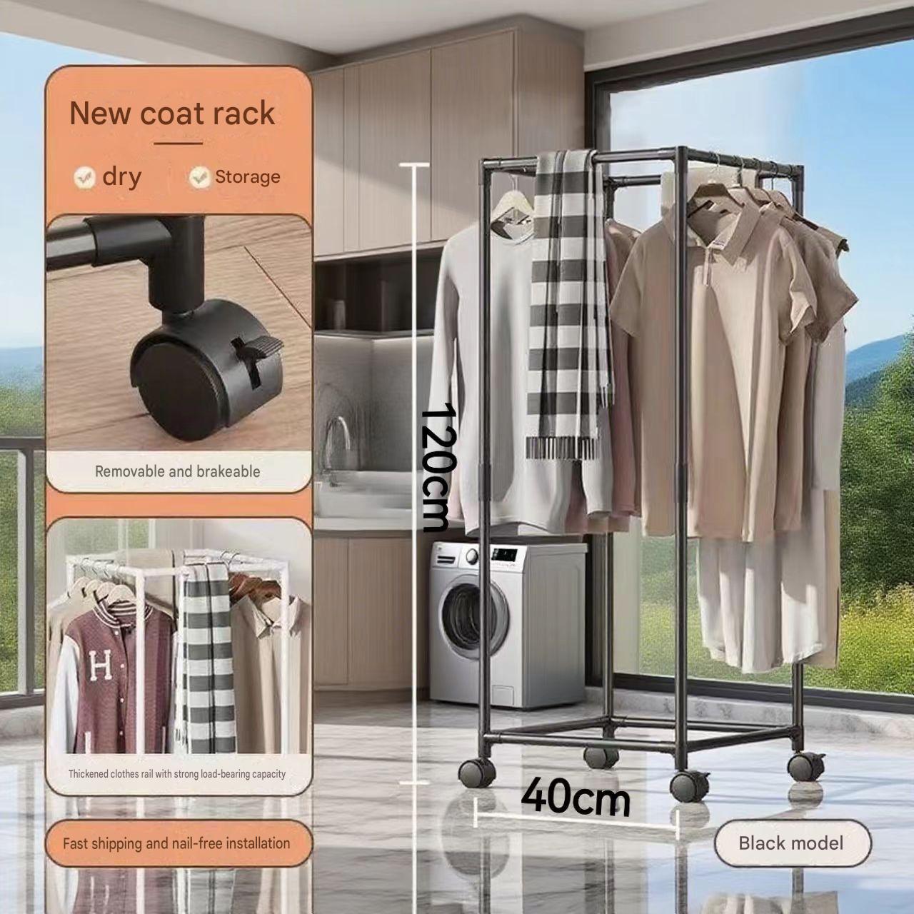 Black - four-sided rotating clothes drying rack - single layer garment rack   universal wheels