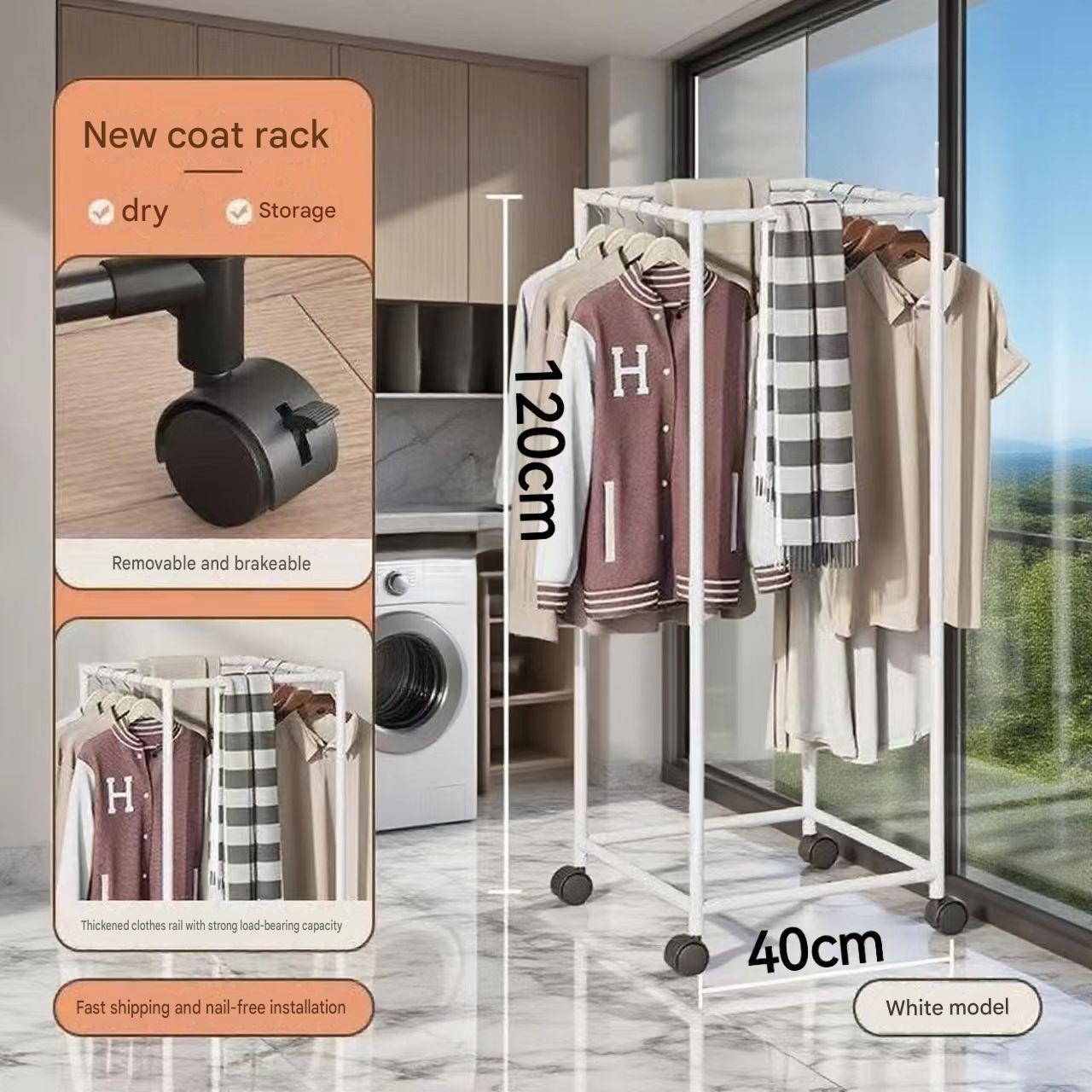 White - four-sided rotating clothes drying rack - single layer hanging   universal wheels