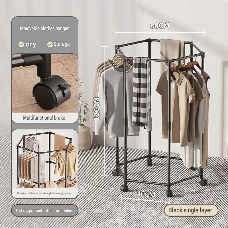 Black - six-sided rotating clothes drying rack - single layer hanging clothes   universal wheels