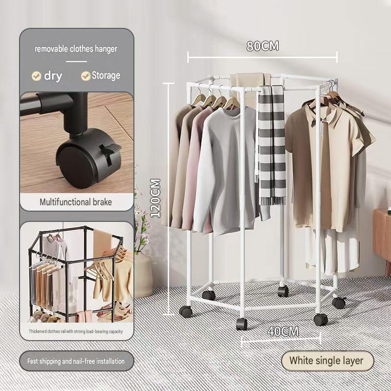 White - six-sided rotating clothes drying rack - single layer hanging   universal wheels