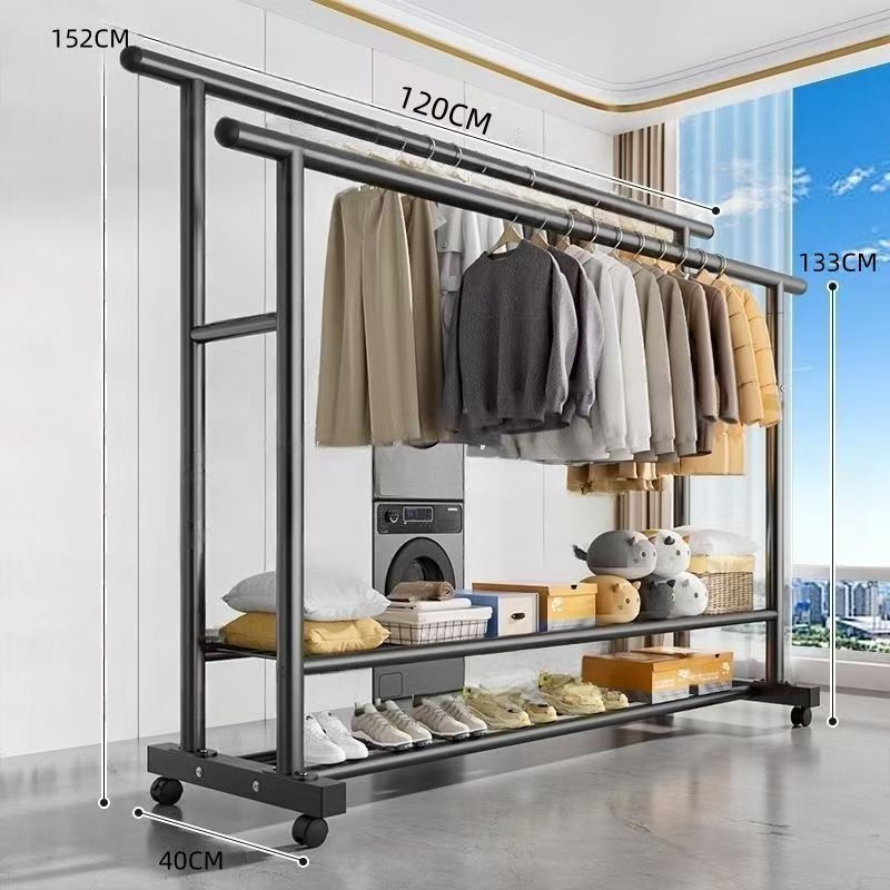 Extra thick 25-tube all-steel-double-layer storage rack   double pole 120 black   universal wheel