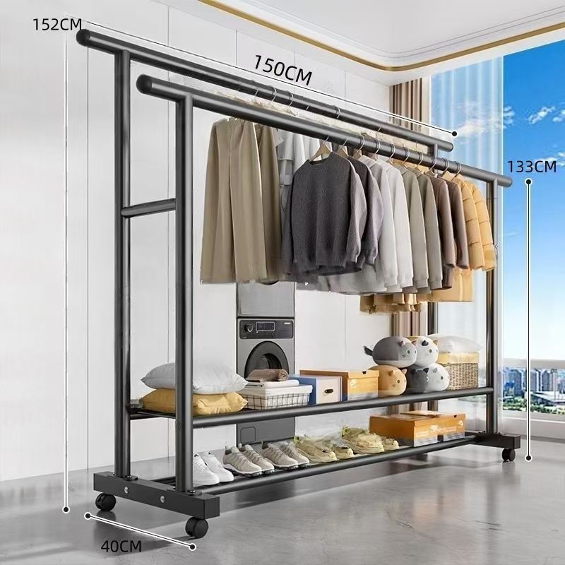 Extra thick 25-tube all-steel-double-layer storage rack   double pole 150 black   universal wheel