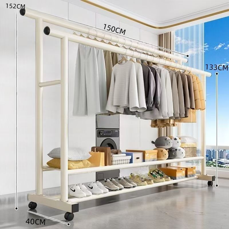 Extra thick 25-tube all-steel-double-layer storage rack   double pole 150 white   universal wheel