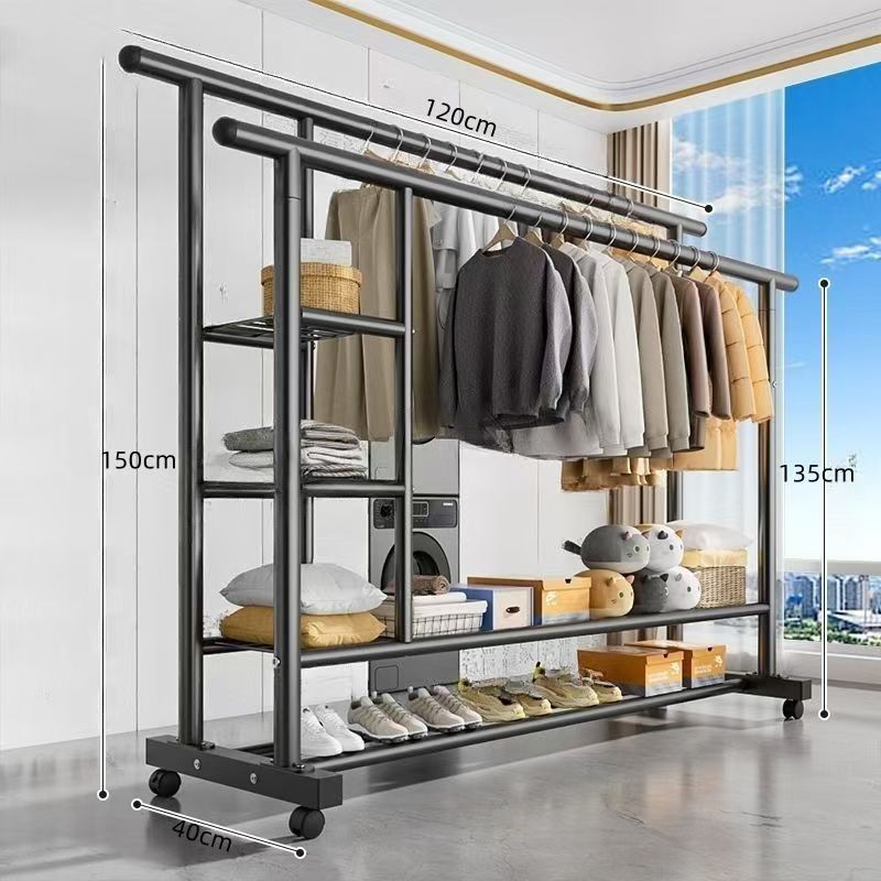 Top equipped with three-layer side storage net   double-layer storage rack   double pole 120 black   universal wheel