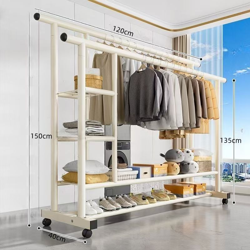 Top with three-layer side storage net   double-layer storage rack   double pole 120 white   universal wheel