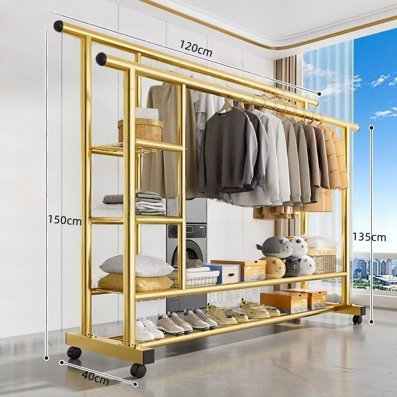 Top equipped with three-layer side storage net   double-layer storage rack   double pole 120 gold   universal wheel