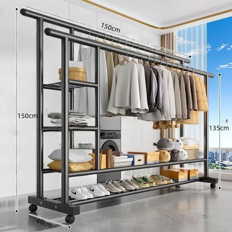 Top with three-layer side storage net   double-layer storage rack   double pole 150 black   universal wheel