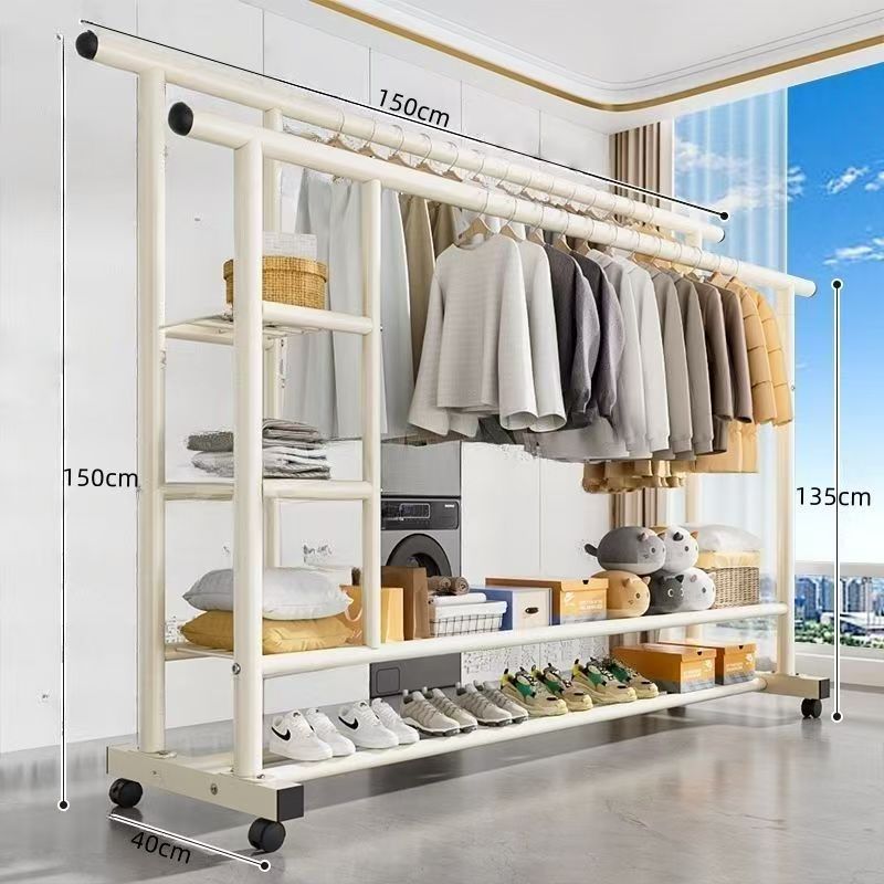 Top equipped with three-layer side storage net   double-layer storage rack   double pole 150 white   universal wheel
